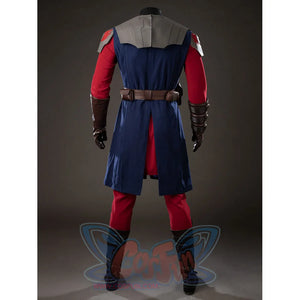 Anakin Skywalker cosplay costume back view places gray shoulder armor above blue tunic and red pants.
