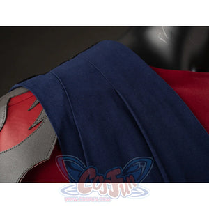 Anakin Skywalker cosplay costume blue tunic shoulder drapes over red sleeve beside the gray shoulder piece.