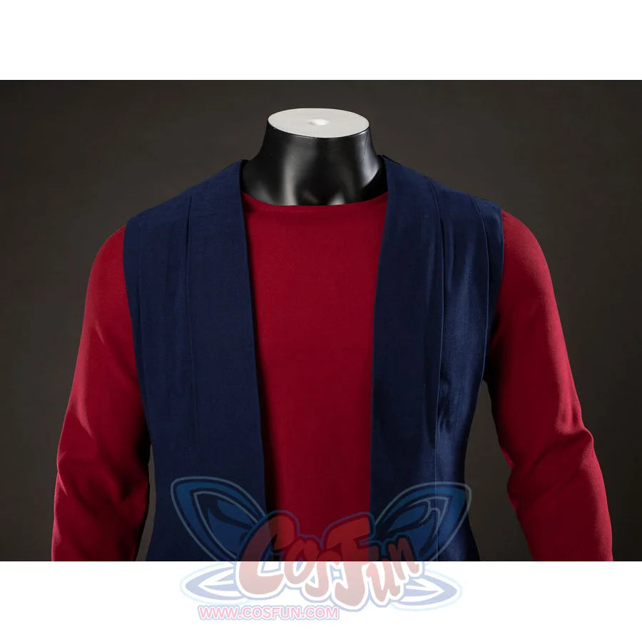 Anakin Skywalker cosplay costume blue sleeveless tunic opens over the red undershirt at the chest.