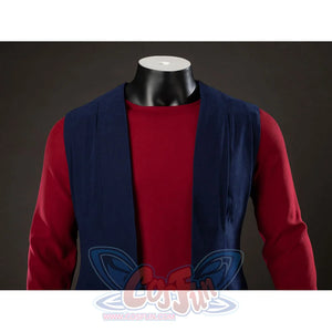 Anakin Skywalker cosplay costume blue sleeveless tunic opens over the red undershirt at the chest.