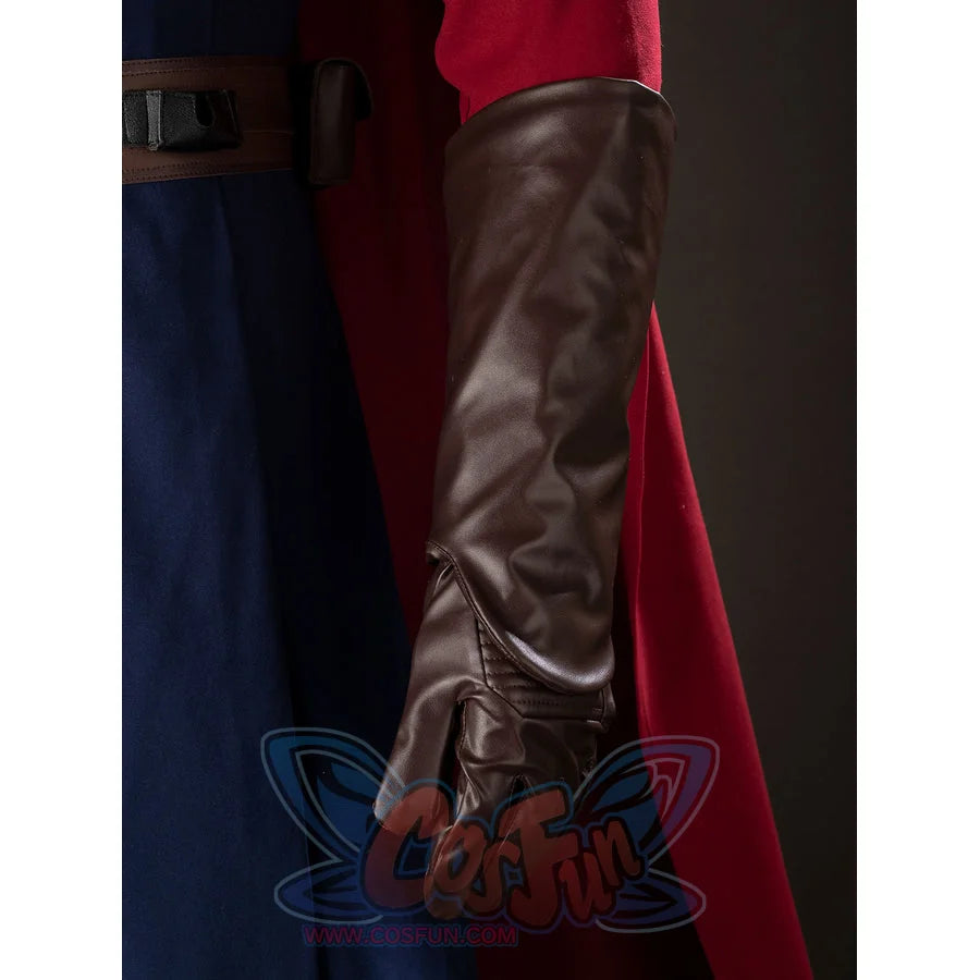 Anakin Skywalker cosplay costume brown glove extends under a red sleeve with faux leather texture.
