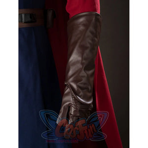 Anakin Skywalker cosplay costume brown glove extends under a red sleeve with faux leather texture.