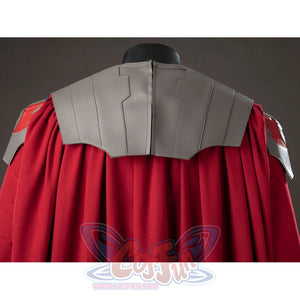 Anakin Skywalker cosplay costume cape back attaches under gray shoulder armor with red folds below.