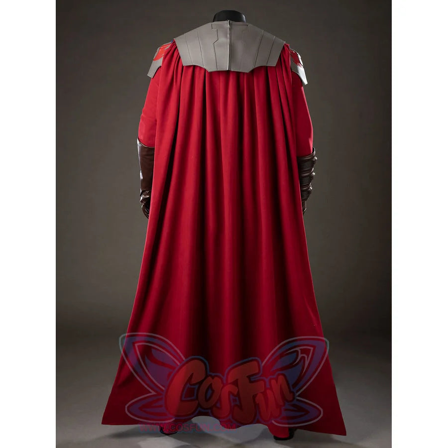 Anakin Skywalker cosplay costume back view drops a long red cape from gray armor across the shoulders.