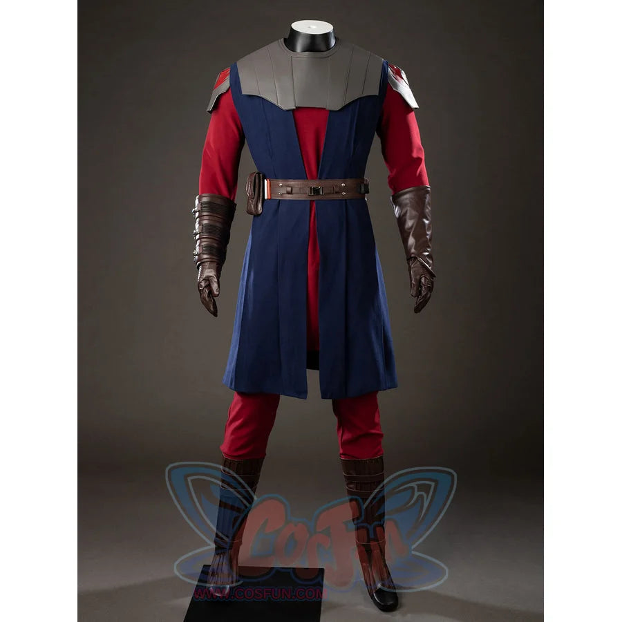 Anakin Skywalker cosplay costume front view anchors brown arm guards beside the layered blue tunic.