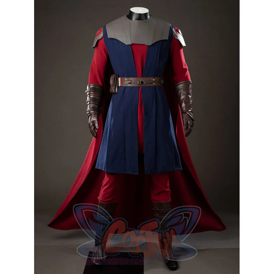 Anakin Skywalker cosplay costume front view balances red cape folds with blue tunic and gray armor.