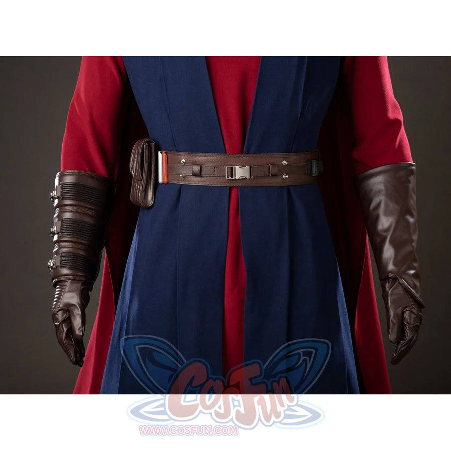 Anakin Skywalker cosplay costume front belt secures blue tunic panels between brown faux leather arm guards.