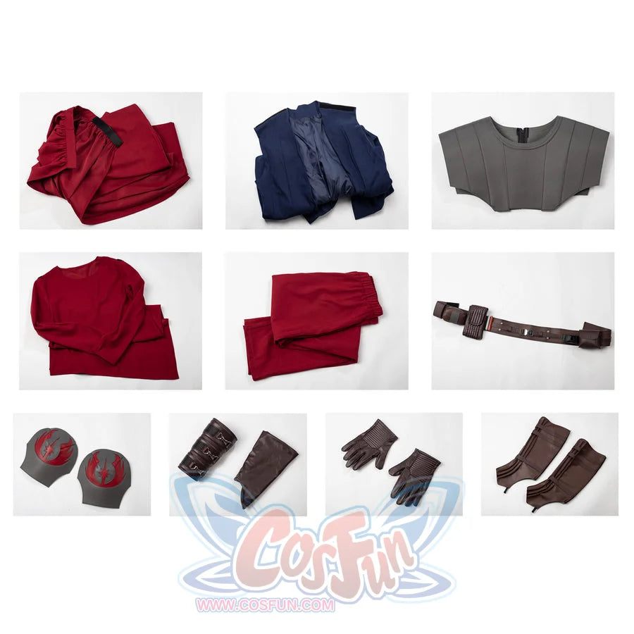 Anakin Skywalker cosplay costume full set flat lay gathers cape tunic armor belt gloves and shoe covers.