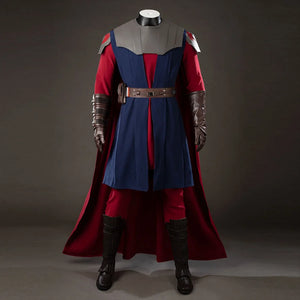 COSFUN Anakin Skywalker cosplay costume front view layers gray armor over blue tunic and red cape.