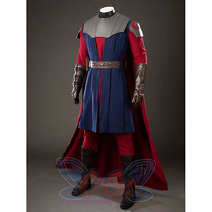 Anakin Skywalker cosplay costume right angle frames the red cape behind blue panels and gray shoulder armor.