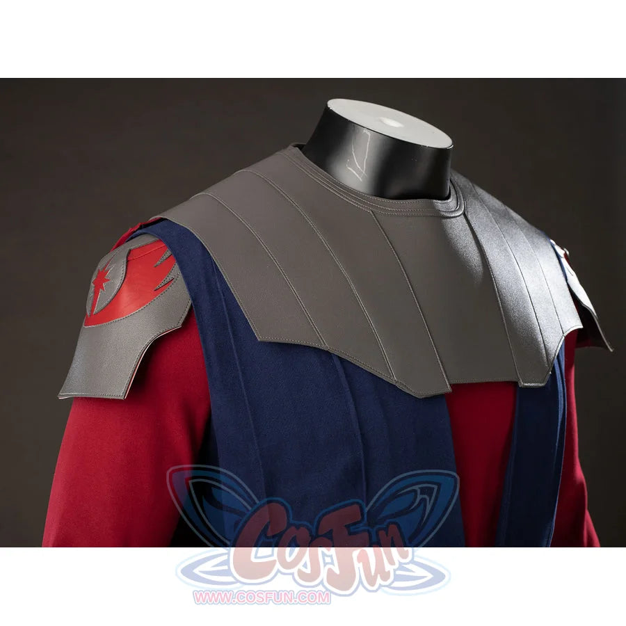 Anakin Skywalker cosplay costume shoulder angle traces gray armor plates over red sleeve and blue tunic.