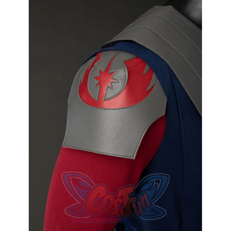 Anakin Skywalker cosplay costume shoulder panel carries a red emblem detail against gray armor.