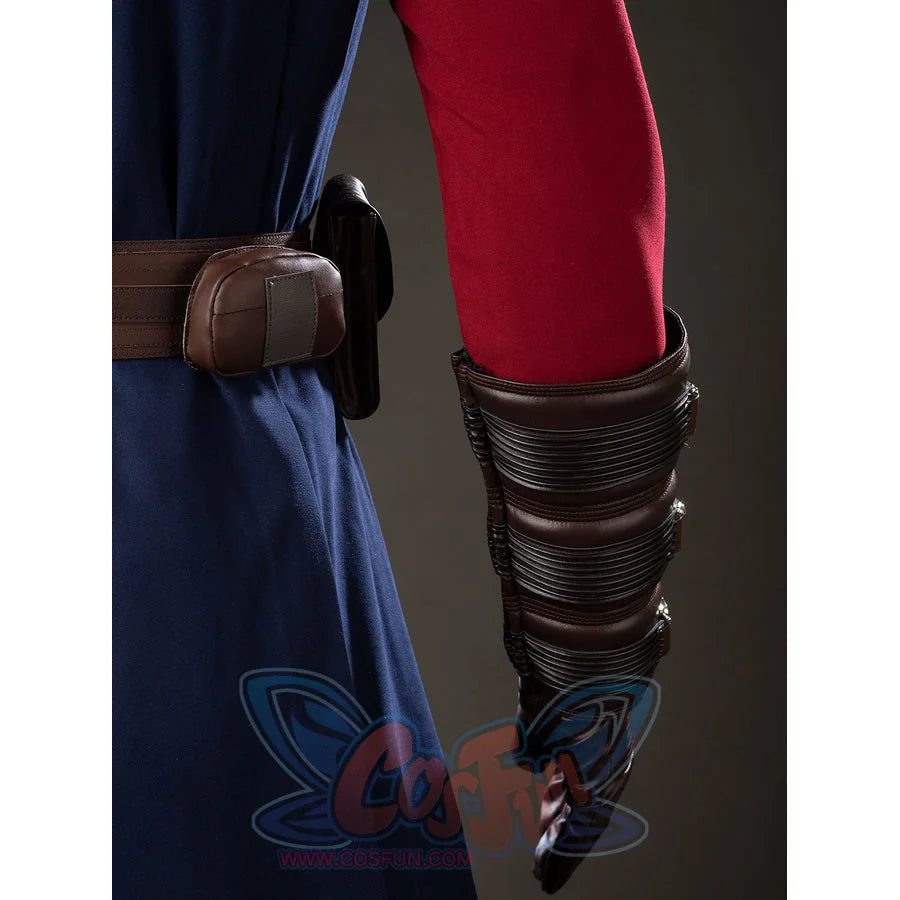 Anakin Skywalker cosplay costume side view aligns brown arm guard straps with belt pouch and blue tunic.