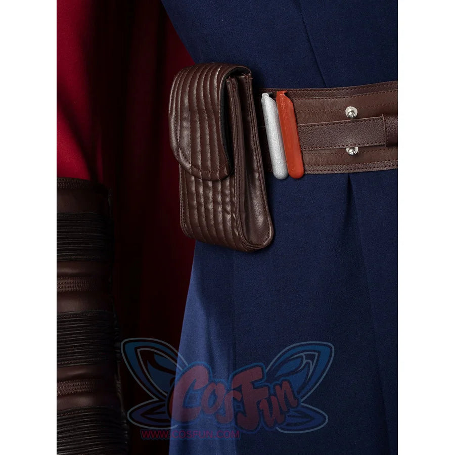 Anakin Skywalker cosplay costume side pouch sits on the brown belt beside blue tunic and red cape.