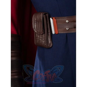 Anakin Skywalker cosplay costume side pouch sits on the brown belt beside blue tunic and red cape.