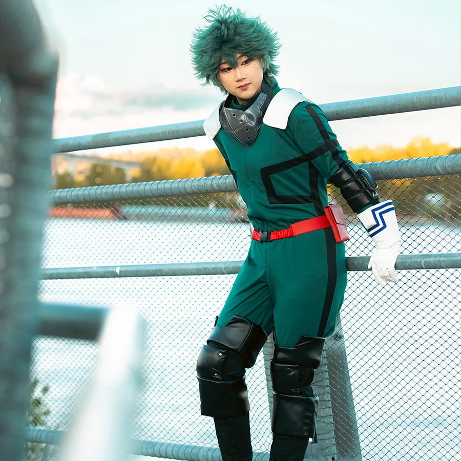 COSFUN Midoriya Izuku Deku cosplay jumpsuit layers teal green over black stripes with red utility belt.