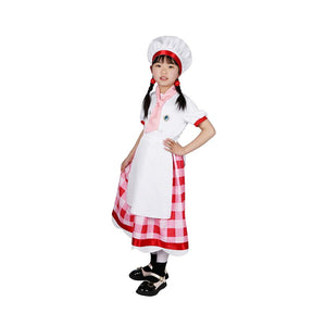 The Patissiere Peach costume presented with a focus on its structured design, from the white apron to the checkered skirt.