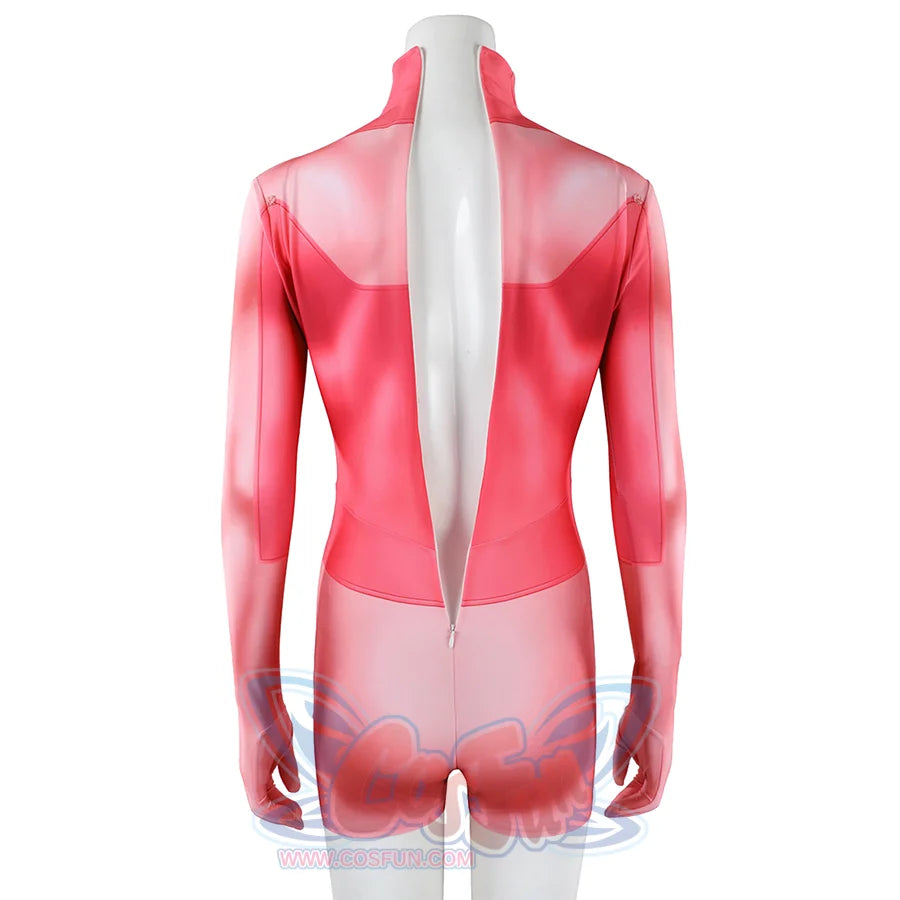 Back detail of Atom Eve cosplay costume from Invincible with high collar, pink panels, and center seam