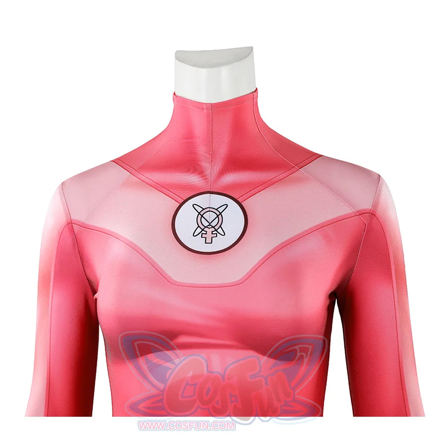Close-up of Atom Eve cosplay costume from Invincible chest with high collar and circular emblem