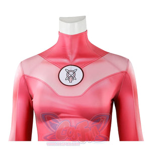 Close-up of Atom Eve cosplay costume from Invincible chest with high collar and circular emblem