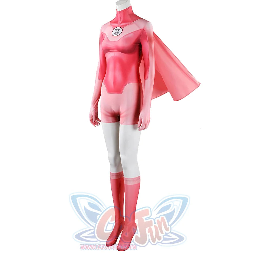 Angled view of Atom Eve cosplay costume from Invincible with pink jumpsuit, shawl, white legs, and socks