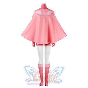 Back view of Atom Eve cosplay costume from Invincible with wide pink shawl, white legs, and red socks