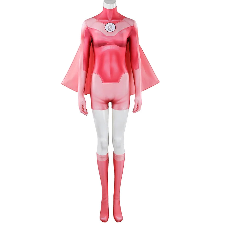 Front view of Atom Eve cosplay costume from Invincible with pink jumpsuit, shawl, white legs, and socks