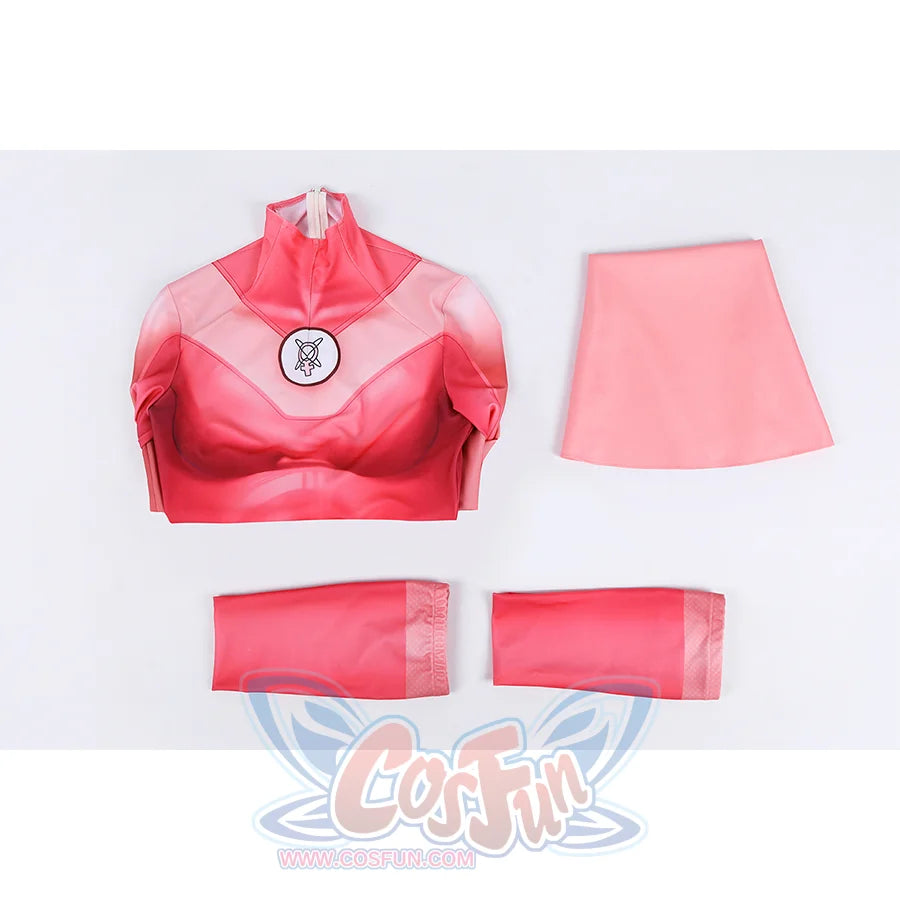 Flat lay of Atom Eve cosplay costume from Invincible with jumpsuit, pink shawl, and red sock pieces