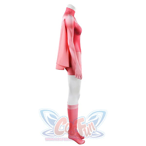 Side view of Atom Eve cosplay costume from Invincible with pink jumpsuit, draped shawl, and foot cover