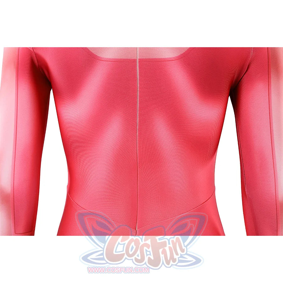 Front torso detail of Atom Eve cosplay costume from Invincible with pink chest print, waist line, and sleeves