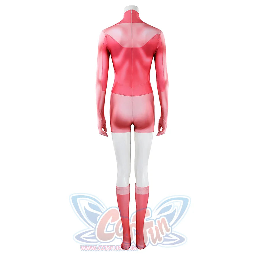 Back view of Atom Eve cosplay costume from Invincible jumpsuit with pink back panels, white legs, and socks