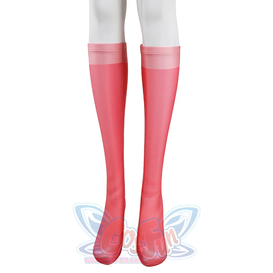 Lower leg detail of Atom Eve cosplay costume from Invincible with white legs and red pink sock covers