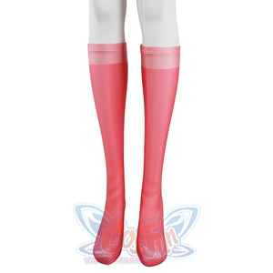 Lower leg detail of Atom Eve cosplay costume from Invincible with white legs and red pink sock covers