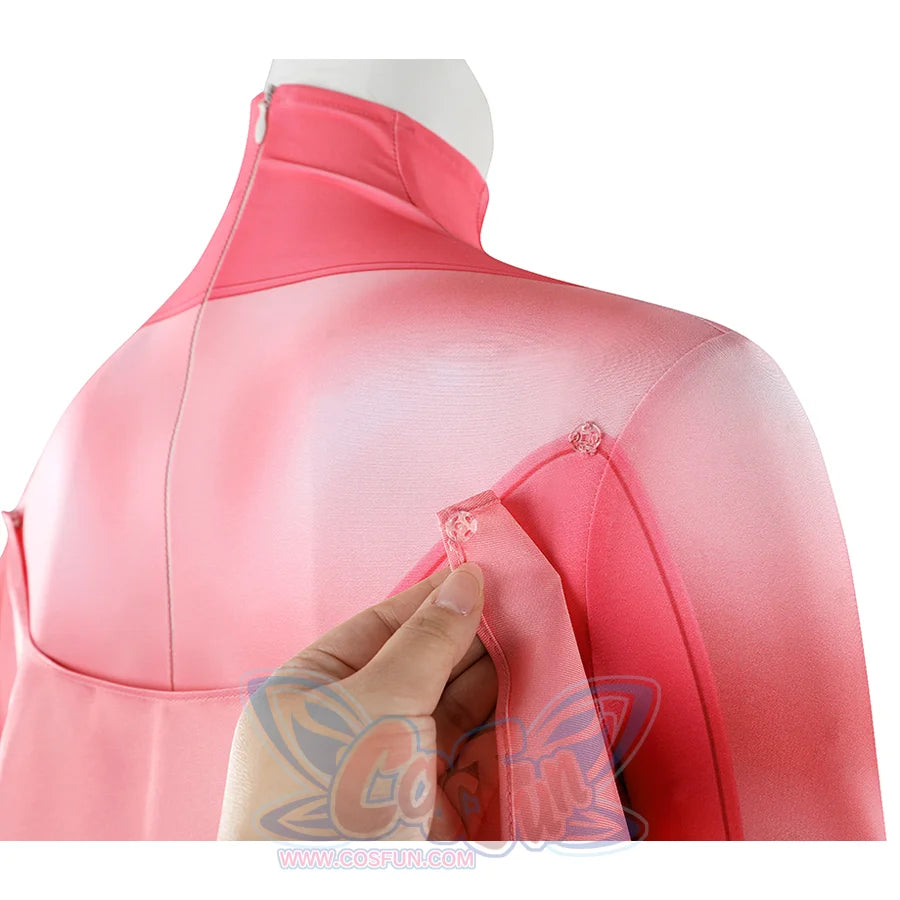 Back detail of Atom Eve cosplay costume from Invincible with pink upper back, high collar, and shawl seam