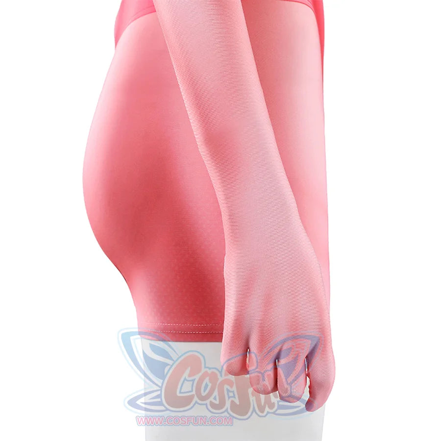 Side detail of Atom Eve cosplay costume from Invincible with pink sleeve, hip curve, and visible seam