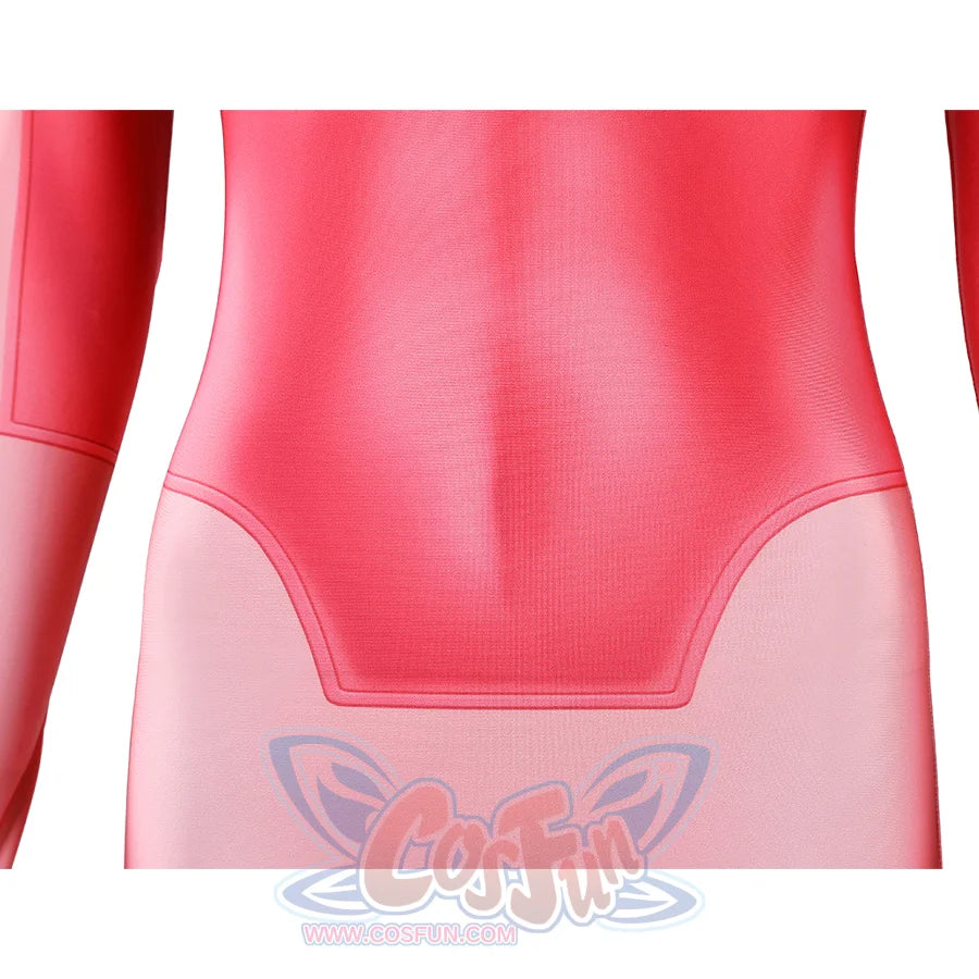 Front torso detail of Atom Eve cosplay costume from Invincible with pink printed bodice and hip seams