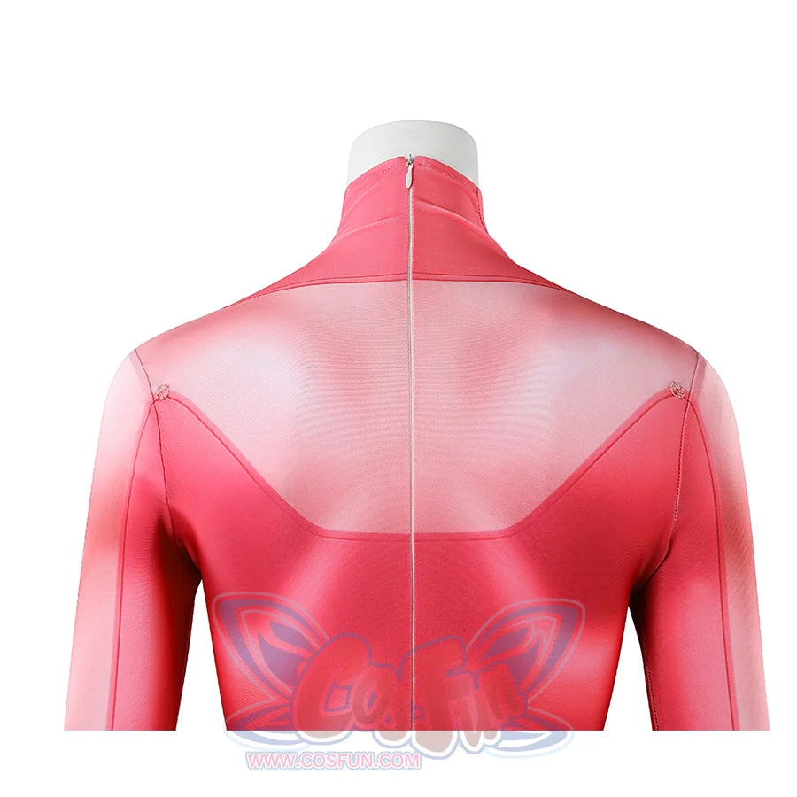 Upper back detail of Atom Eve cosplay costume from Invincible with pink translucent print and center seam