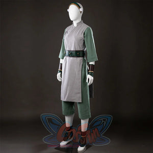 Angled front view of Toph Beifong cosplay costume from Avatar with gray tunic, green pants, belt, and arm guards