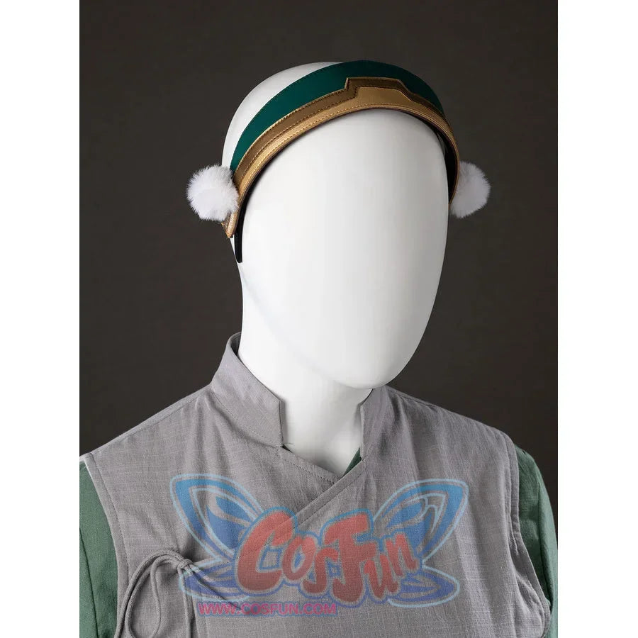 Angled close-up of Toph Beifong cosplay costume from Avatar with headband, gray collar, and green sleeve