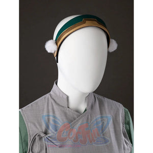 Angled close-up of Toph Beifong cosplay costume from Avatar with headband, gray collar, and green sleeve