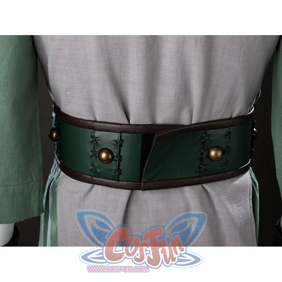 Back waist close-up of Toph Beifong cosplay costume from Avatar with green belt, bronze studs, and gray tunic back