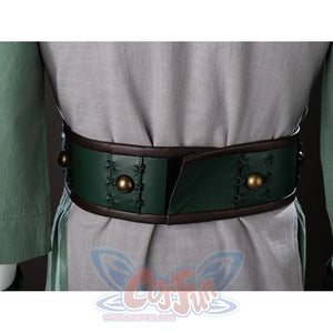 Back waist close-up of Toph Beifong cosplay costume from Avatar with green belt, bronze studs, and gray tunic back