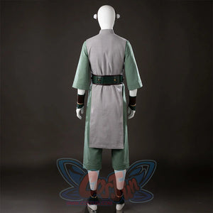 Back view of Toph Beifong cosplay costume from Avatar with gray back panel, green sleeves, belt, and cropped pants