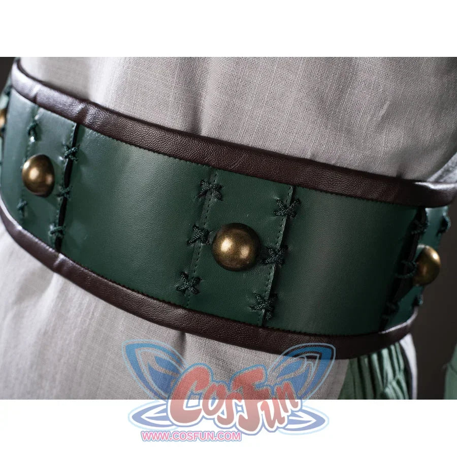 Close-up of Toph Beifong cosplay costume from Avatar green waist belt with bronze studs, stitching, and dark trim