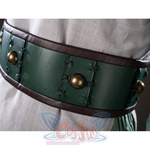 Close-up of Toph Beifong cosplay costume from Avatar green waist belt with bronze studs, stitching, and dark trim
