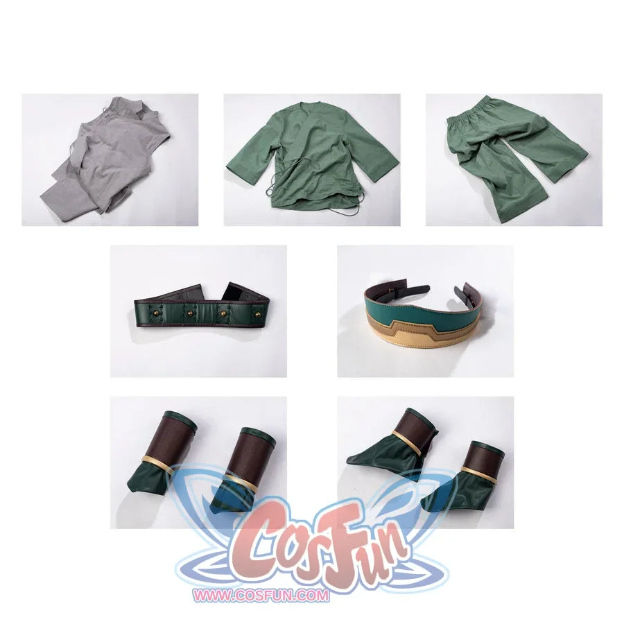 Flat lay of Toph Beifong cosplay costume from Avatar with gray tunic, green jacket, belt, headband, and guards