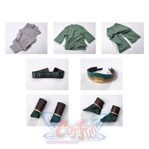 Flat lay of Toph Beifong cosplay costume from Avatar with gray tunic, green jacket, belt, headband, and guards