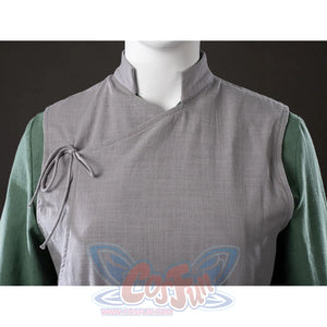 Close-up of Toph Beifong cosplay costume from Avatar showing gray wrap collar, side tie, and green sleeves