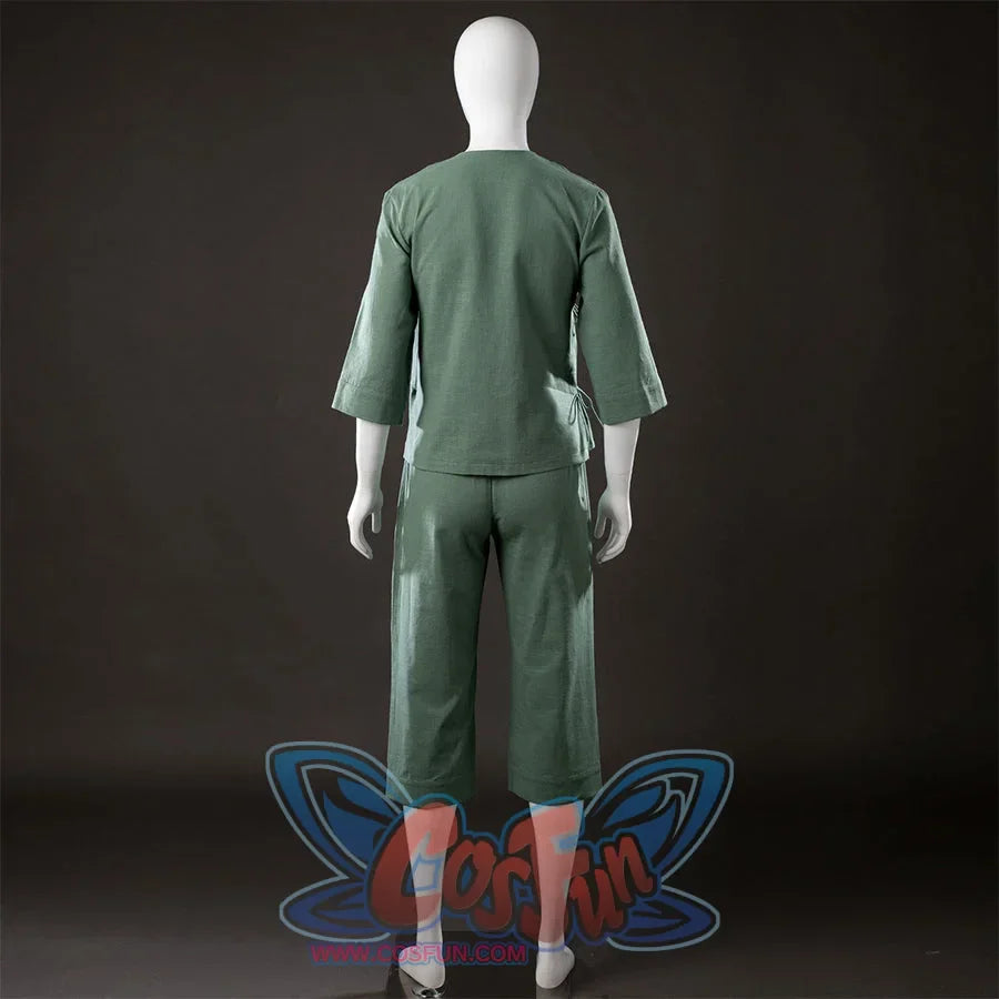 Back view of Toph Beifong cosplay costume from Avatar showing green short jacket, cropped pants, and sleeve cuffs