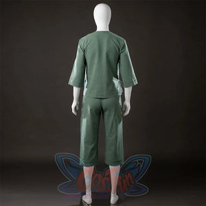 Back view of Toph Beifong cosplay costume from Avatar showing green short jacket, cropped pants, and sleeve cuffs